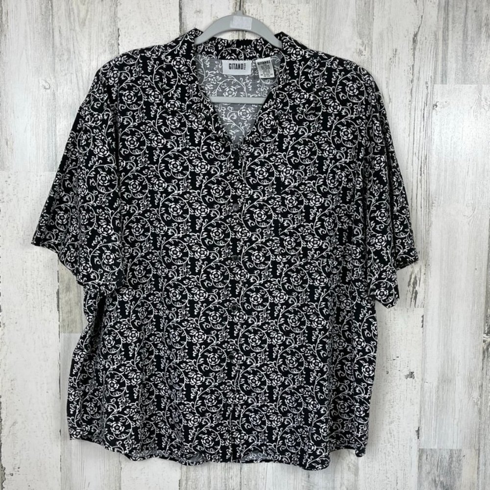 Vintage Gitano button up shirt floral beach black white Hawaiian plus size 22